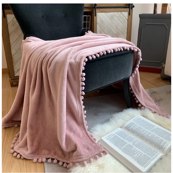 Warm Brown Pompom Fringe Chic Cozy Soft Throw Blanket/Cover - Picture 13 of 16